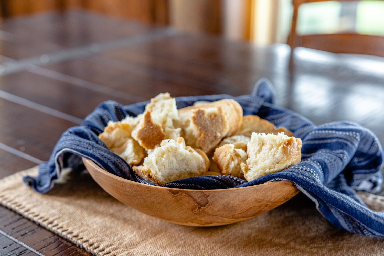 wooden bread bowl on table