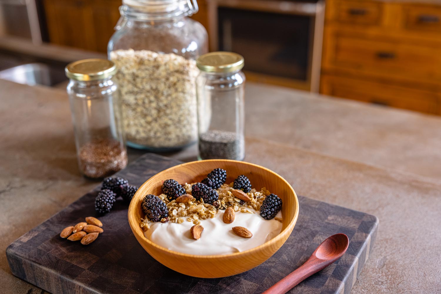 wooden bowl with yogurt for breakfast