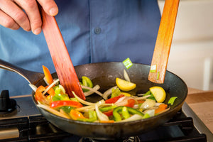 sauteing vegetables with 2 Earlywood large flat saute spatulas