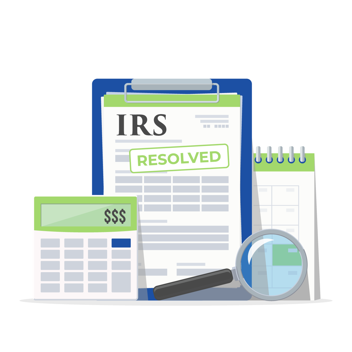 Illustration of a Tax Form, Calculator, Calendar and Magnifying Glass